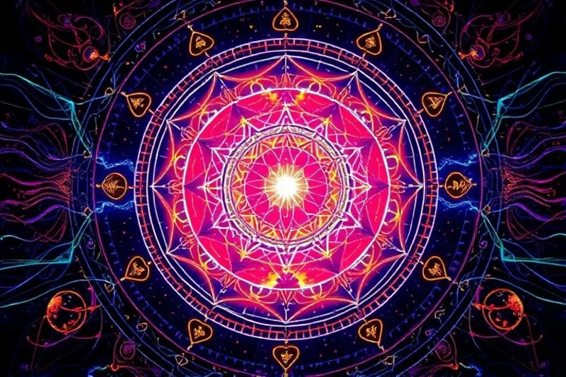 Representación abstracta de chakras y glifos astrológicos