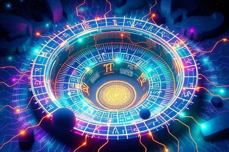 Abstract rendering of interconnected digital circuits and organic lines, representing the fusion of technology and spirituality