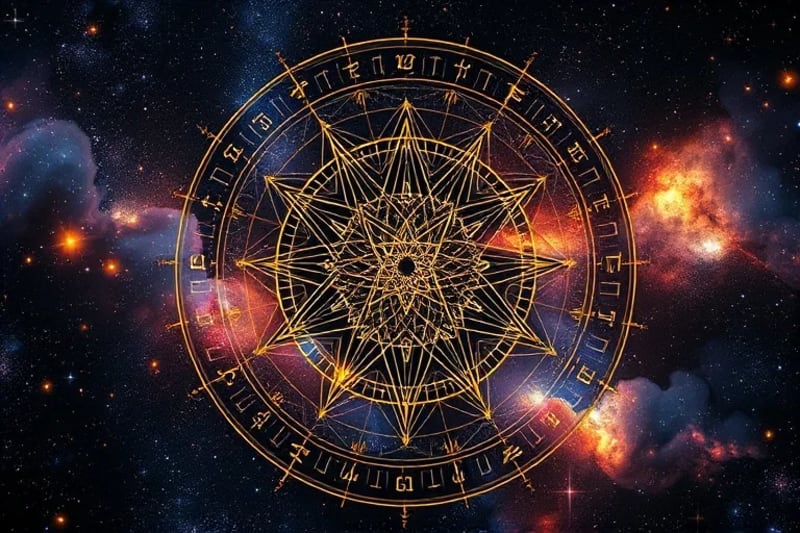Diagrama de una carta astral con énfasis en las conjunciones de estrellas fijas, mostrando la precisión y el detalle de la interpretación astrológica.