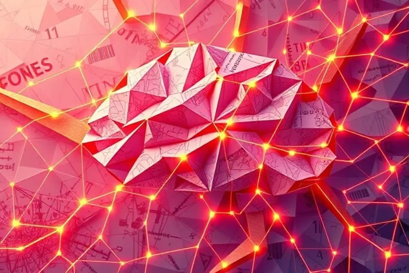 Abstract digital painting of neural pathways interwoven with architectural blueprints and geometric patterns.