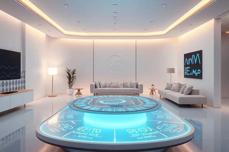 3D render of a futuristic smart home with adaptive lighting, interactive display, and integrated wellness technology for active aging.
