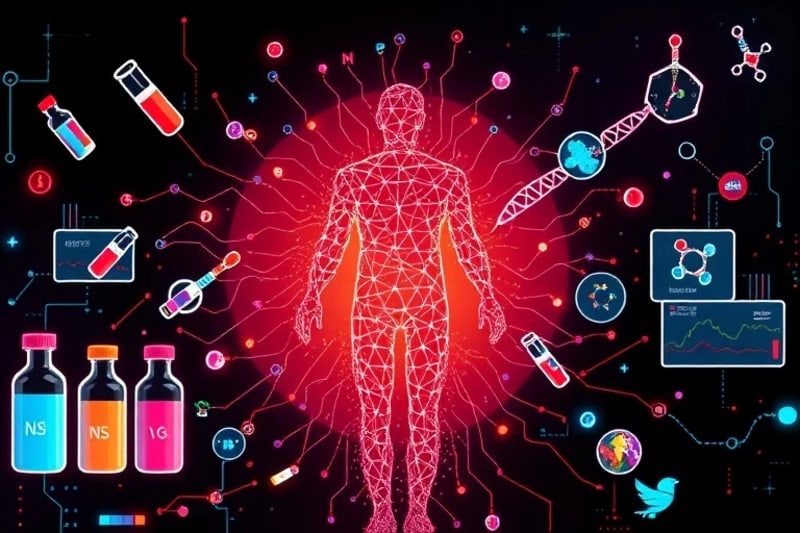 Representación digital de una silueta humana con datos genéticos y moleculares, simbolizando la medicina personalizada