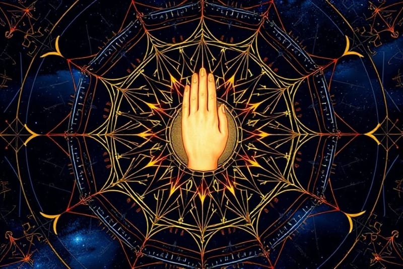 Digital painting of stock market chart with astrological symbols