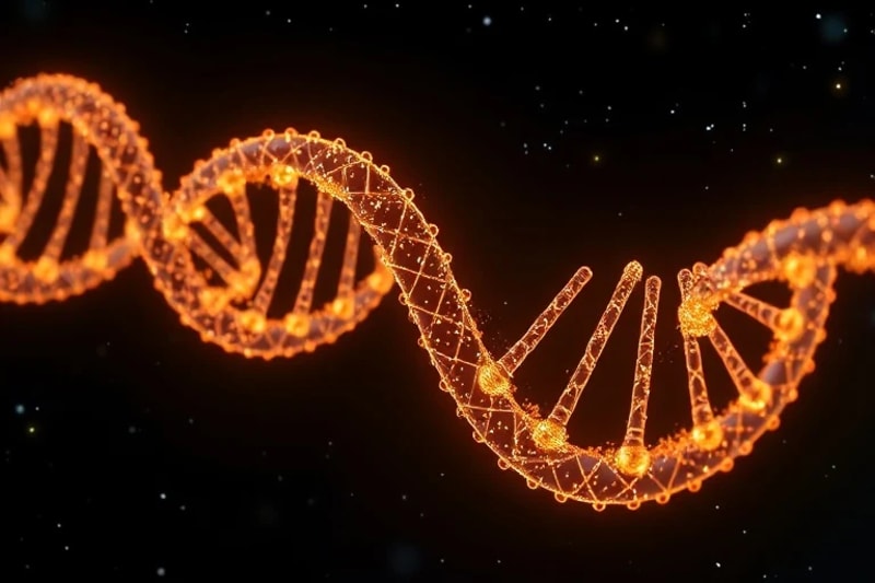 Hebras de ADN entrelazadas en un bucle infinito, simbolizando la longevidad y la investigación continua