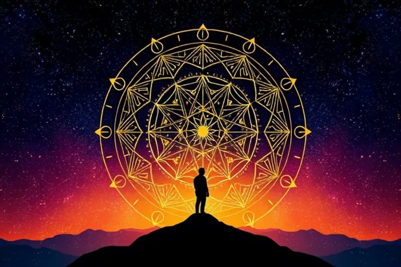 Stylized astrological chart overlaying a human silhouette, highlighting planetary aspects and houses, vibrant colors, clean lines, abstract, modern.