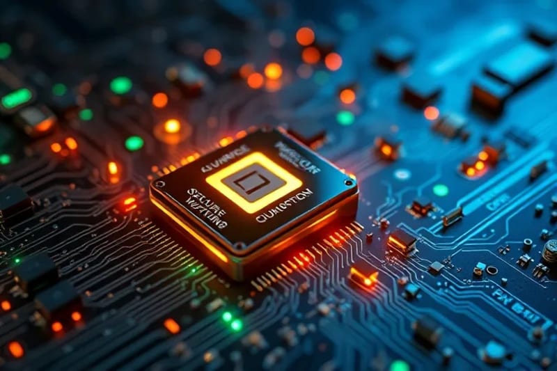 Circuito integrado con procesadores cuánticos brillantes, representando algoritmos post-cuánticos