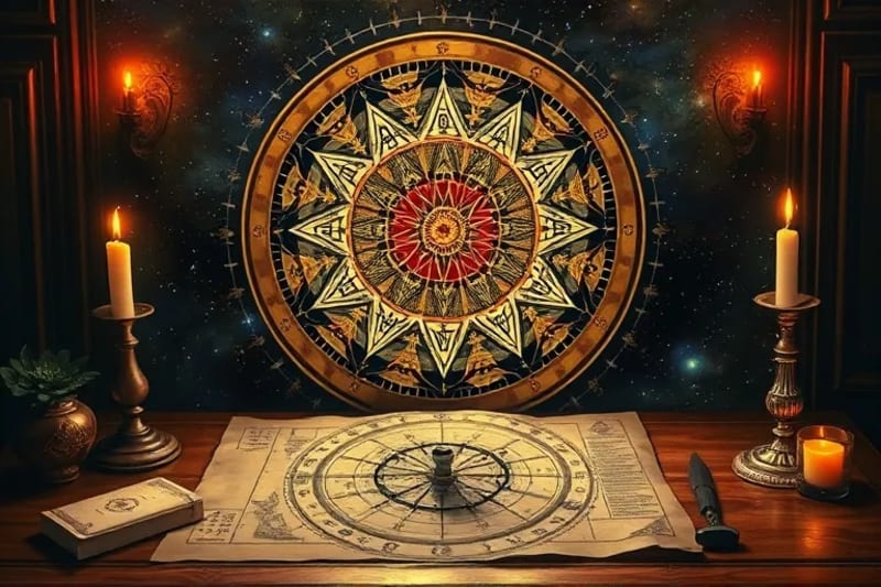 Oil painting of ancient scrolls and an antique astrolabe on a wooden desk, illuminated by candlelight, depicting complex astrological calculations, warm tones, academic.