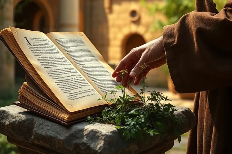 Mano de monje cuidando un jardín de hierbas en un claustro, simbolizando la conexión con la naturaleza y el crecimiento espiritual a través de la disciplina.