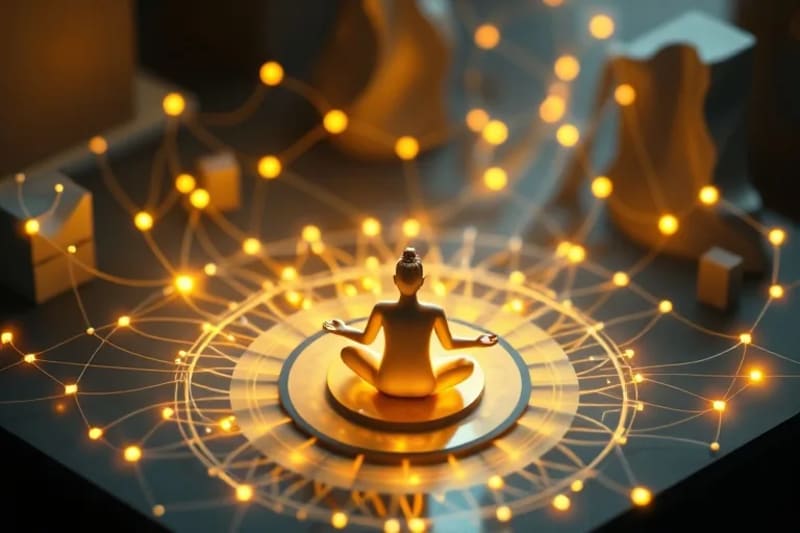 Patrones abstractos de luz y sombra con líneas digitales entrelazadas, formando una silueta meditante, representando la conexión espiritual en un entorno tecnológico.