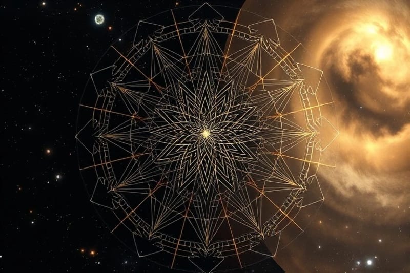 Intricate digital painting of ancestral figures woven into DNA-like patterns, representing inherited energetic and karmic pathways.