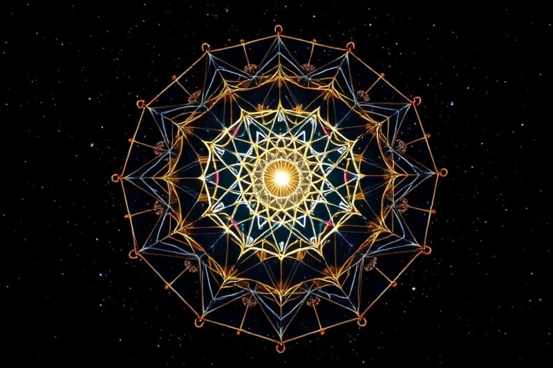 Abstract 3D render of a glowing holographic blueprint with genetic code patterns and astrological symbols, representing a conceptual blueprint of destiny.