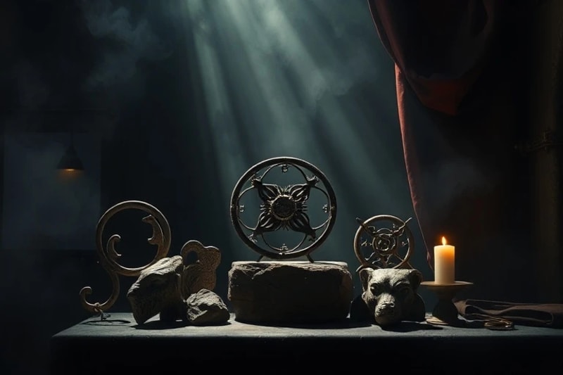 Composición mística de símbolos astrológicos antiguos parcialmente cubiertos por niebla, representando los aspectos ocultos de los arquetipos zodiacales y la sombra.