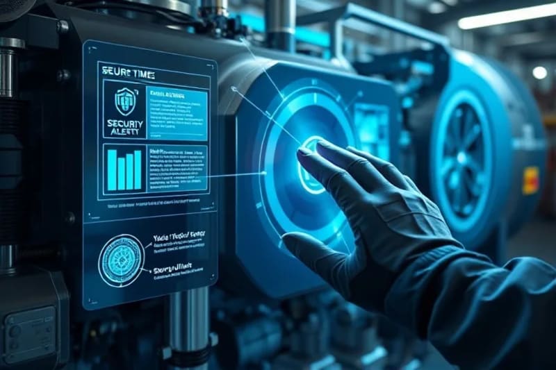 Interfaz de realidad aumentada mostrando datos de seguridad sobre maquinaria industrial