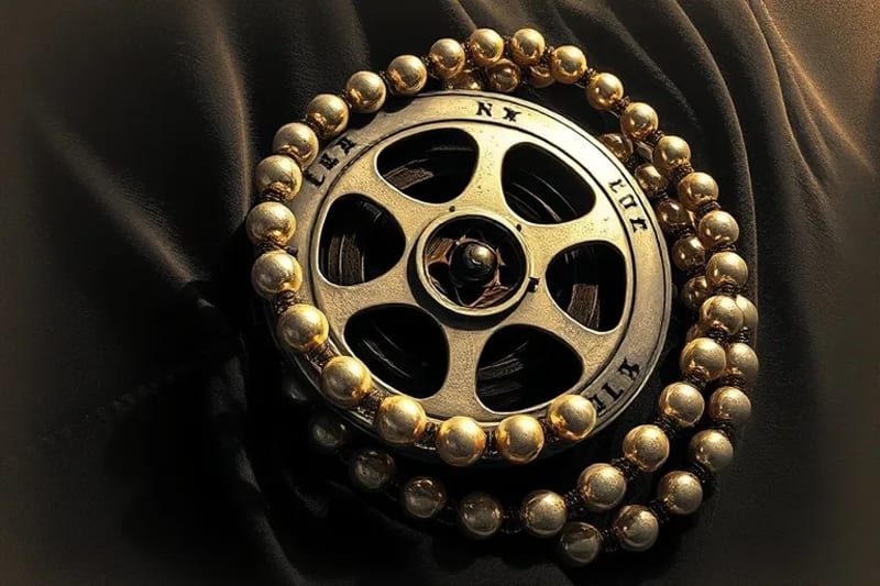 Carrete de película vintage entrelazado con perlas sobre terciopelo, luz dorada
