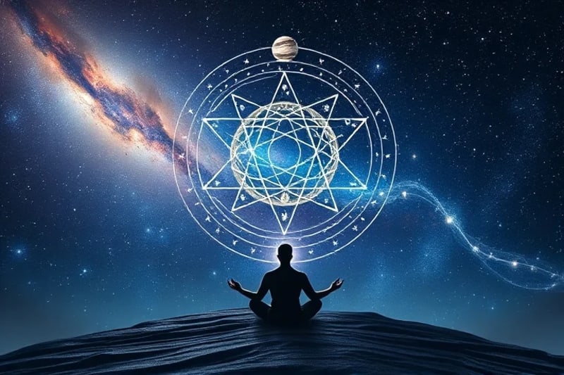 Person meditating under a starry sky, connected to planetary symbols and a timeline, symbolizing personal cosmic rhythms