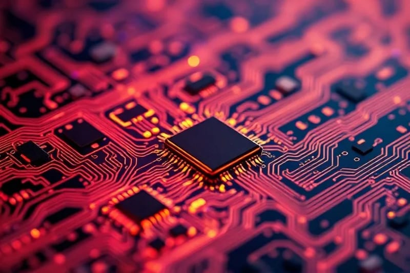 Ondas de radio entrelazadas en un fondo de circuito, diseño futurista