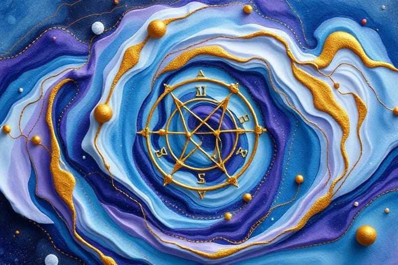 Abstract watercolor of flowing blues, purples, and gold with subtle astrological symbols, representing precise cosmic timing