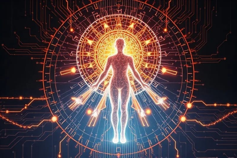 Silueta humana con escudo energético digital y patrones de circuito
