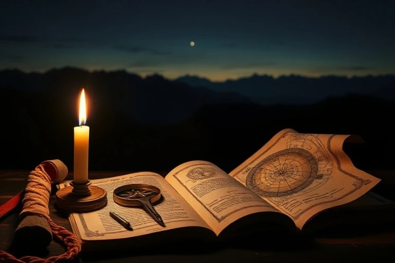 Antiguos pergaminos y textos iluminados por una vela parpadeante, con un compás y cartas astronómicas, simbolizando sabiduría y profecía.