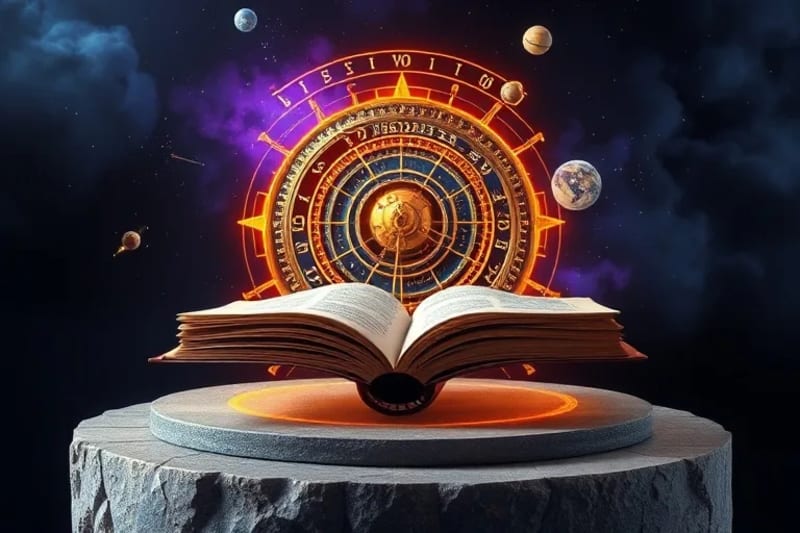 Representación abstracta de un mecanismo de relojería cósmica con engranajes y cuerpos celestes en movimiento, simbolizando el tiempo y los eventos proféticos.