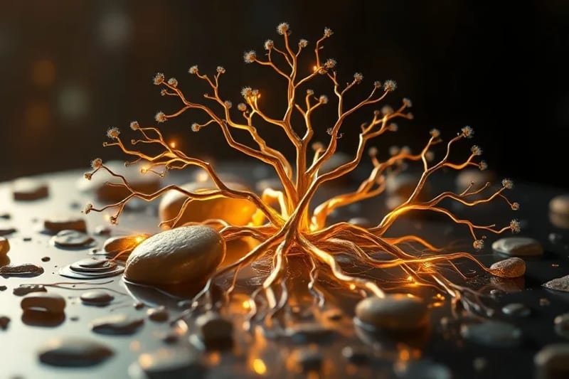 Abstract 3D render of luminous, intertwining energy lines within organic structures, symbolizing harmonious energetic exchange in a natural setting.