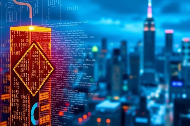 Vista intrincada de un código de contrato inteligente renderizado como una estructura cristalina tridimensional brillante, con un fondo de ciudad futurista borrosa.