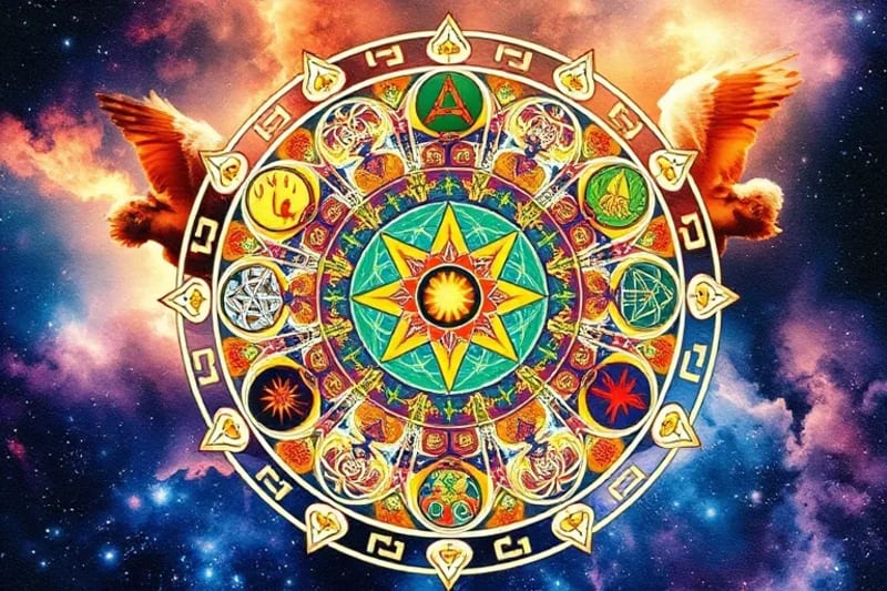 Ilustración acuarela de la Rueda del Año Celta, mostrando símbolos de las ocho festividades principales como Samhain, Yule y Beltane.