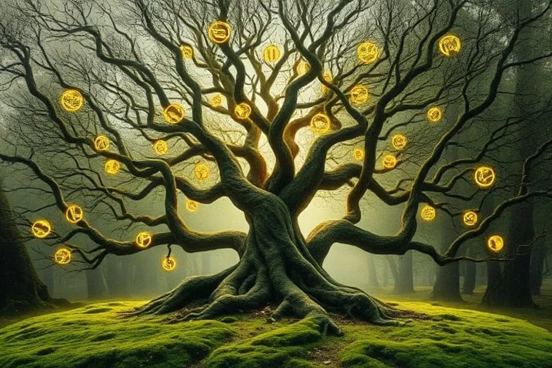 Renderizado 3D detallado de un bosquecillo sagrado con árboles entrelazados del zodiaco celta, con runas luminosas en la corteza.