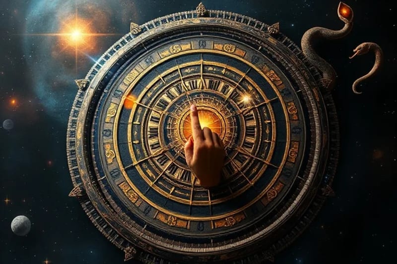 Ancient astrolabe with zodiacal symbols, ethereal hands pointing to a fixed star and intertwined serpents representing lunar nodes