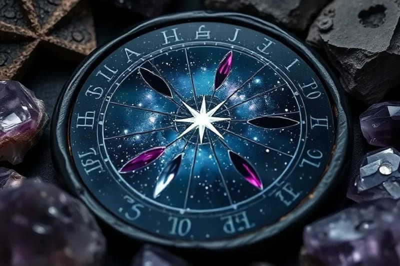 Polished obsidian scrying mirror reflecting galaxies and a pulsating fixed star, surrounded by raw crystals