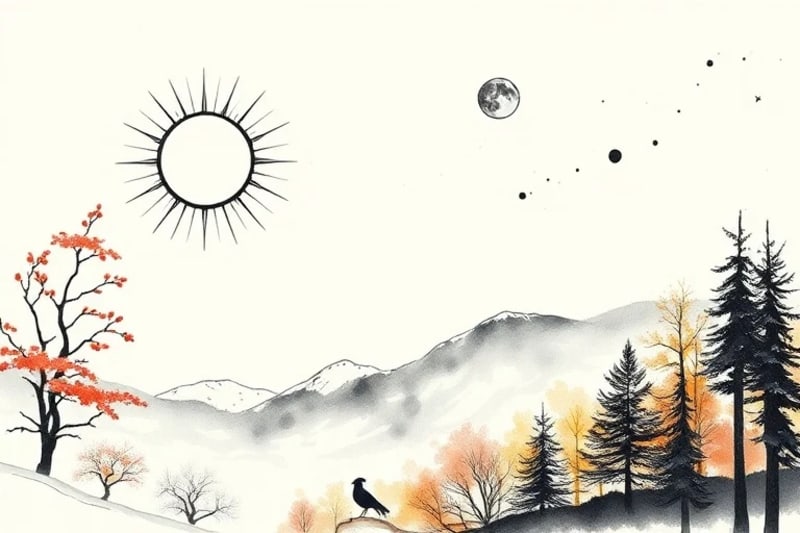 Pintura acuarela de cuerpos celestes influyendo en un paisaje con las cuatro estaciones, ilustrando la conexión entre el cosmos y los patrones climáticos.