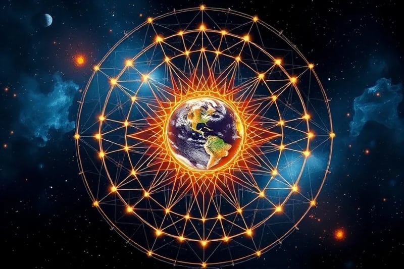 Arte digital abstracto de una red de energía planetaria influyendo en un icono estilizado de la Tierra, representando la conexión cósmica con los fenómenos climáticos.