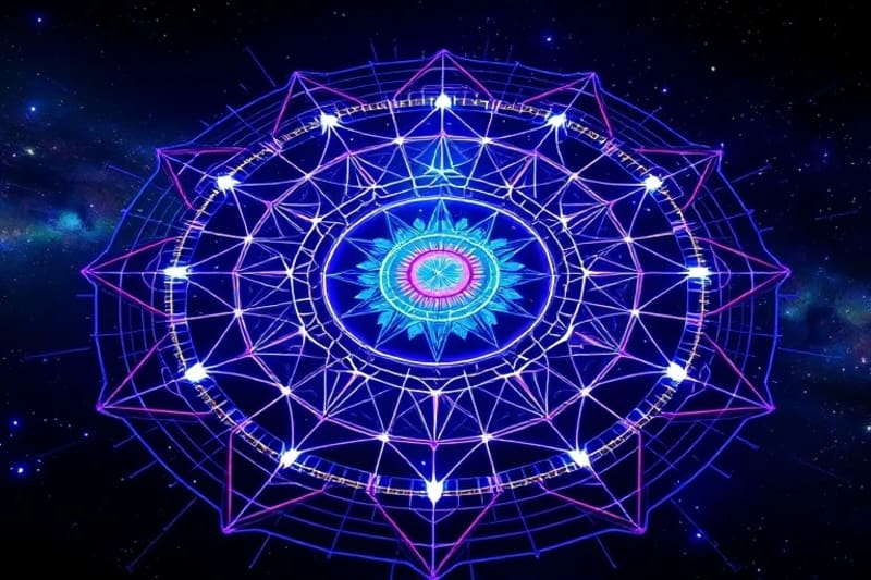 Futuristic data visualization mapping astrological transits to social indicators