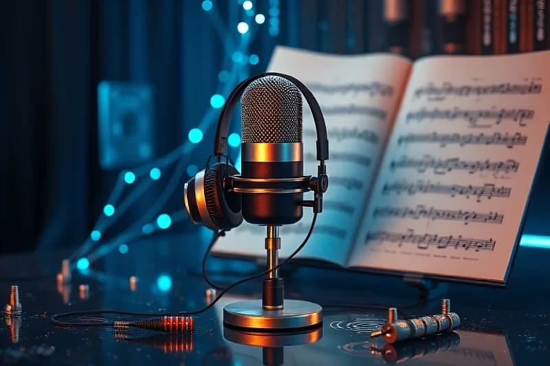 Fusión de arte y tecnología musical Bodegón de objetos musicales con circuitos integrados