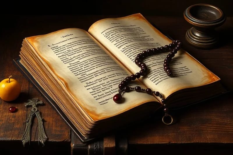 Libros antiguos y rosario con una gota de sangre simbólica