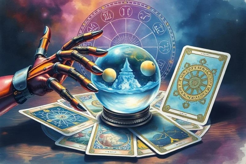 Crystal ball reflecting algorithms, surrounded by tarot cards and robotic hand