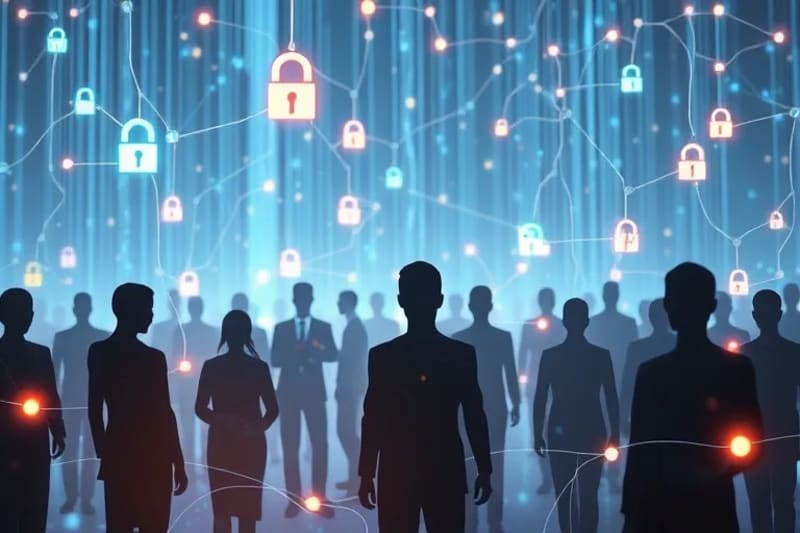 Grupo diverso de personas interactuando con interfaces digitales brillantes, con sutiles conexiones neuronales. Elementos simbólicos de privacidad, identidad y libre albedrío.