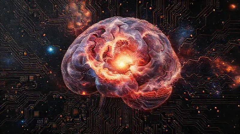 Mente humana serena como una nebulosa luminosa, con sutiles zarcillos de inteligencia artificial intentando entrelazarse en un vacío cósmico oscuro.