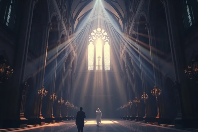 Símbolos religiosos abstractos entrelazados con la arquitectura urbana