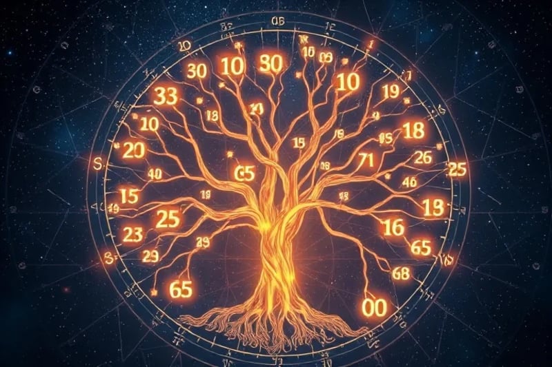 Árbol genealógico con números entrelazados en sus ramas