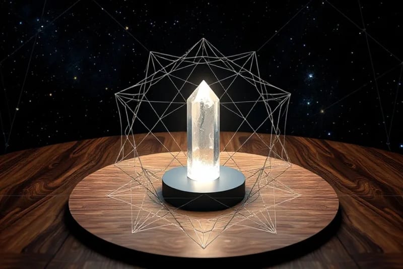 3D render of a stylized biofeedback device connected to a glowing crystal, symbolizing the fusion of technology and inner wisdom for profound self-discovery.