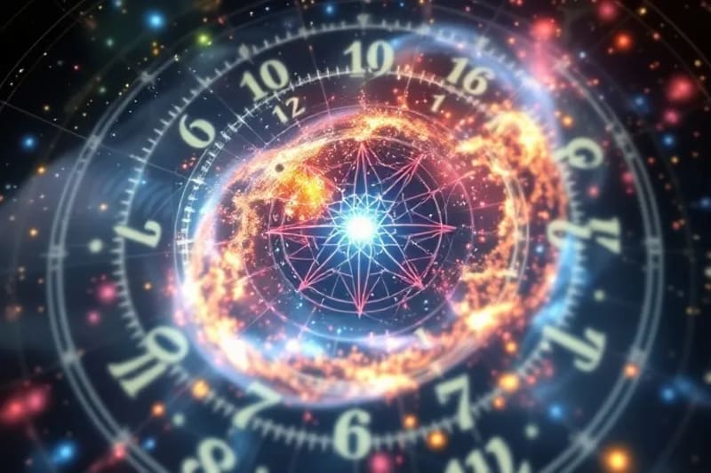 Vórtice de números y formas geométricas luminosas