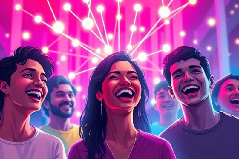 Pintura digital que representa a un grupo de personas riendo juntas, con conexiones luminosas abstractas que simbolizan el vínculo social y el apoyo mutuo.