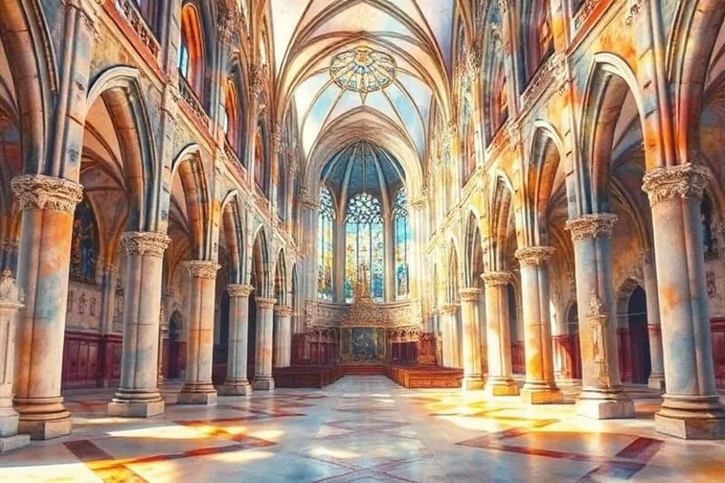 Interior de un templo antiguo con luz solar filtrándose, revelando patrones geométricos en el suelo y arquitectura que incorpora principios sagrados.