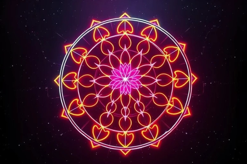 Visualización 3D de la Flor de la Vida, expandiéndose y contrayéndose, con líneas de energía brillantes que representan el plano fundamental de la creación.