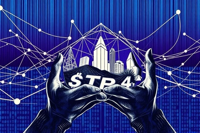 Ilustración de activos digitales como NFTs, terrenos virtuales y criptomonedas, interconectados por un sistema blockchain.