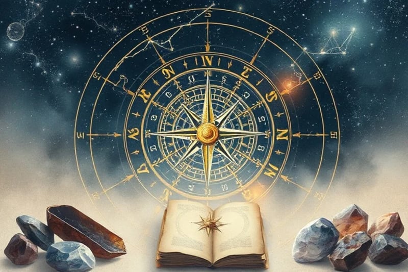 Pintura de pergaminos antiguos y cartas celestes con un compás