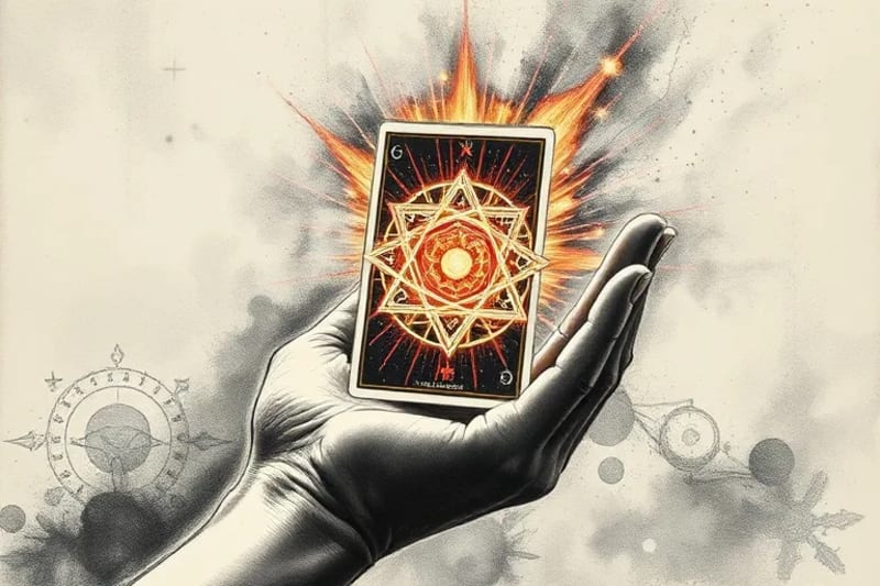 A hand holding a tarot card with geometric patterns radiating from it.
