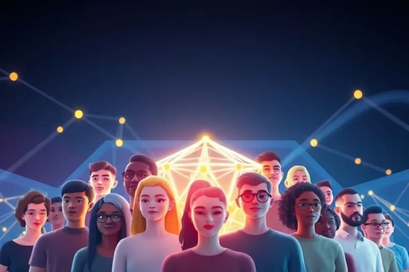 Grupo diverso de personas construyendo una estructura digital con bloques brillantes