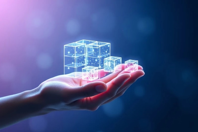 Libro mayor de blockchain transparente y brillante extendiéndose hacia una mano humana